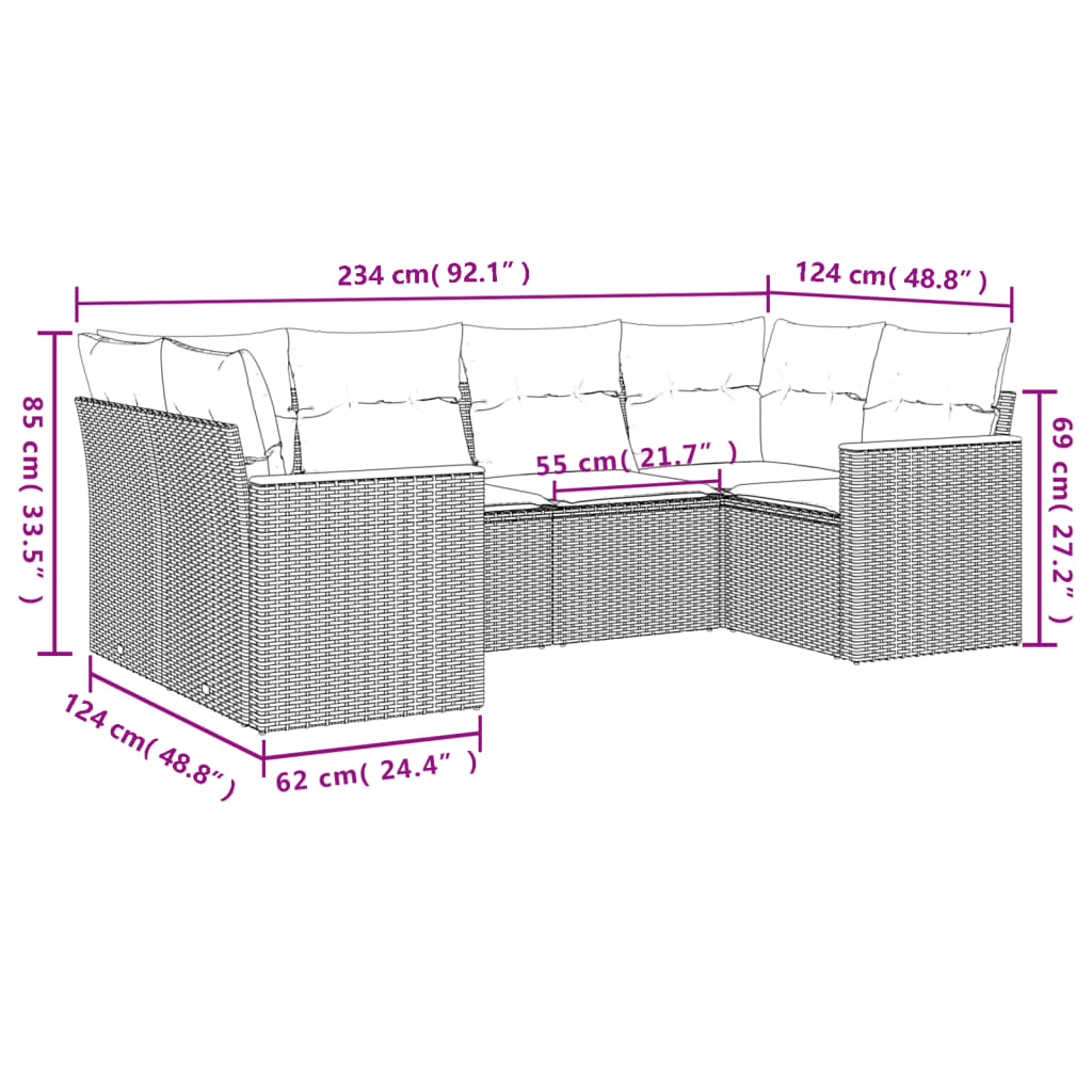 vidaXL sofasæt til haven 6 dele med hynder polyrattan sort