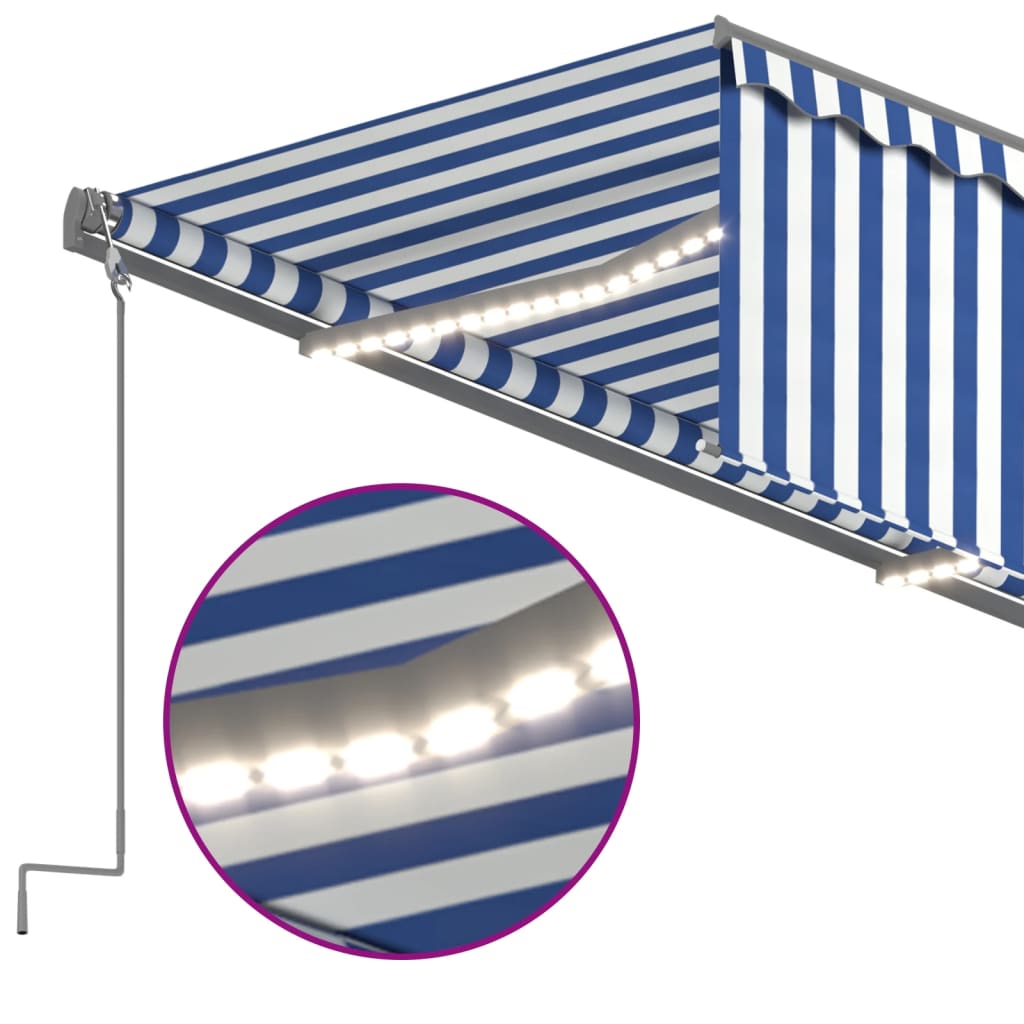 vidaXL markise m. gardin+LED+vindsensor 3x2,5 m automatisk blå og hvid