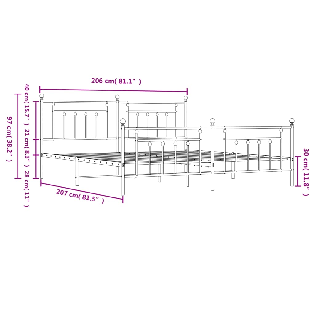 vidaXL sengeramme med sengegavl og fodgærde 200x200 cm metal sort