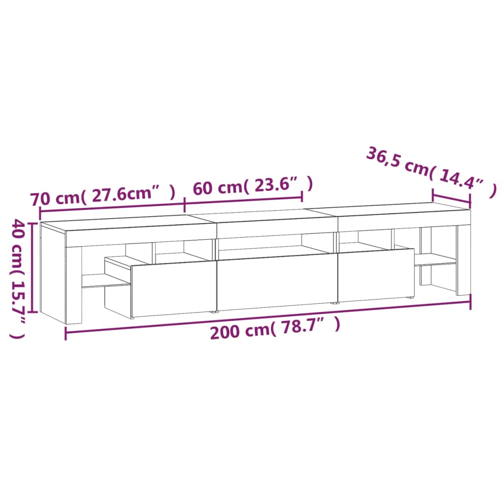 vidaXL sengebord med LED-lys betongrå 200x36,5x40 cm