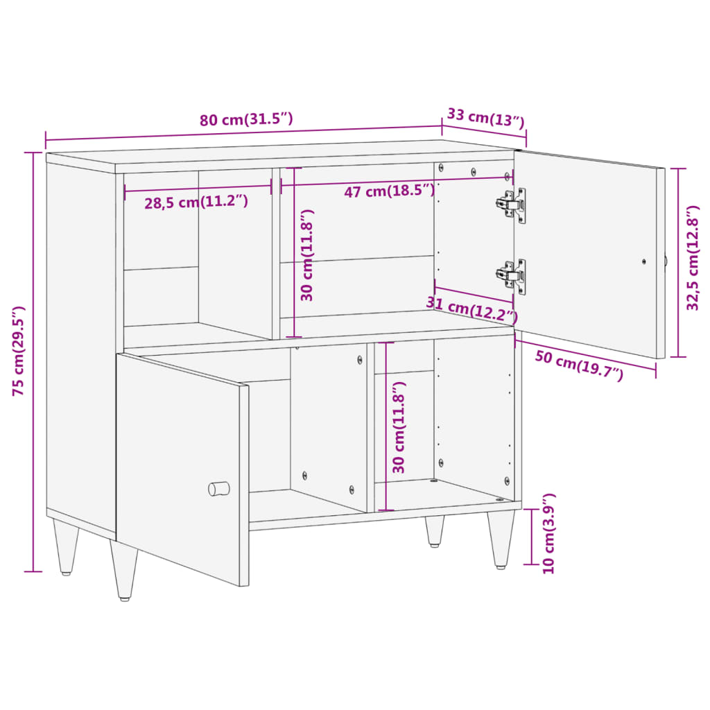 vidaXL skab 80x33x75 cm massivt mangotræ