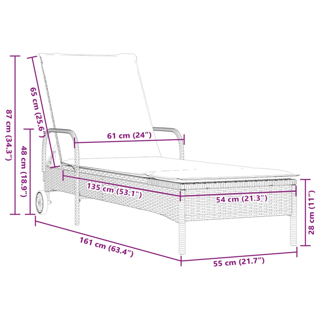 vidaXL liggestol med hjul og hynde polyrattan beige