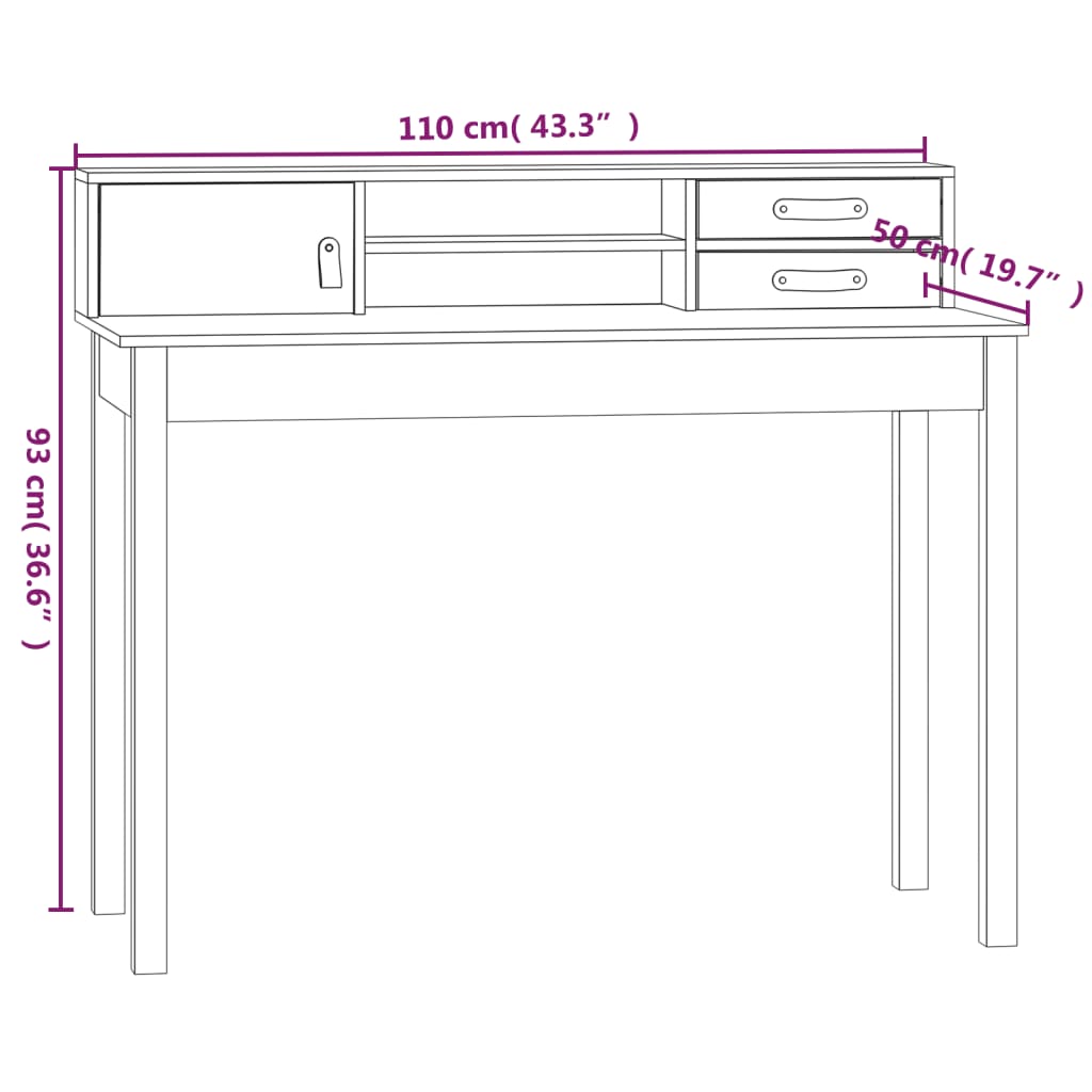 vidaXL skrivebord 110x50x93 cm massivt fyrretræ hvid