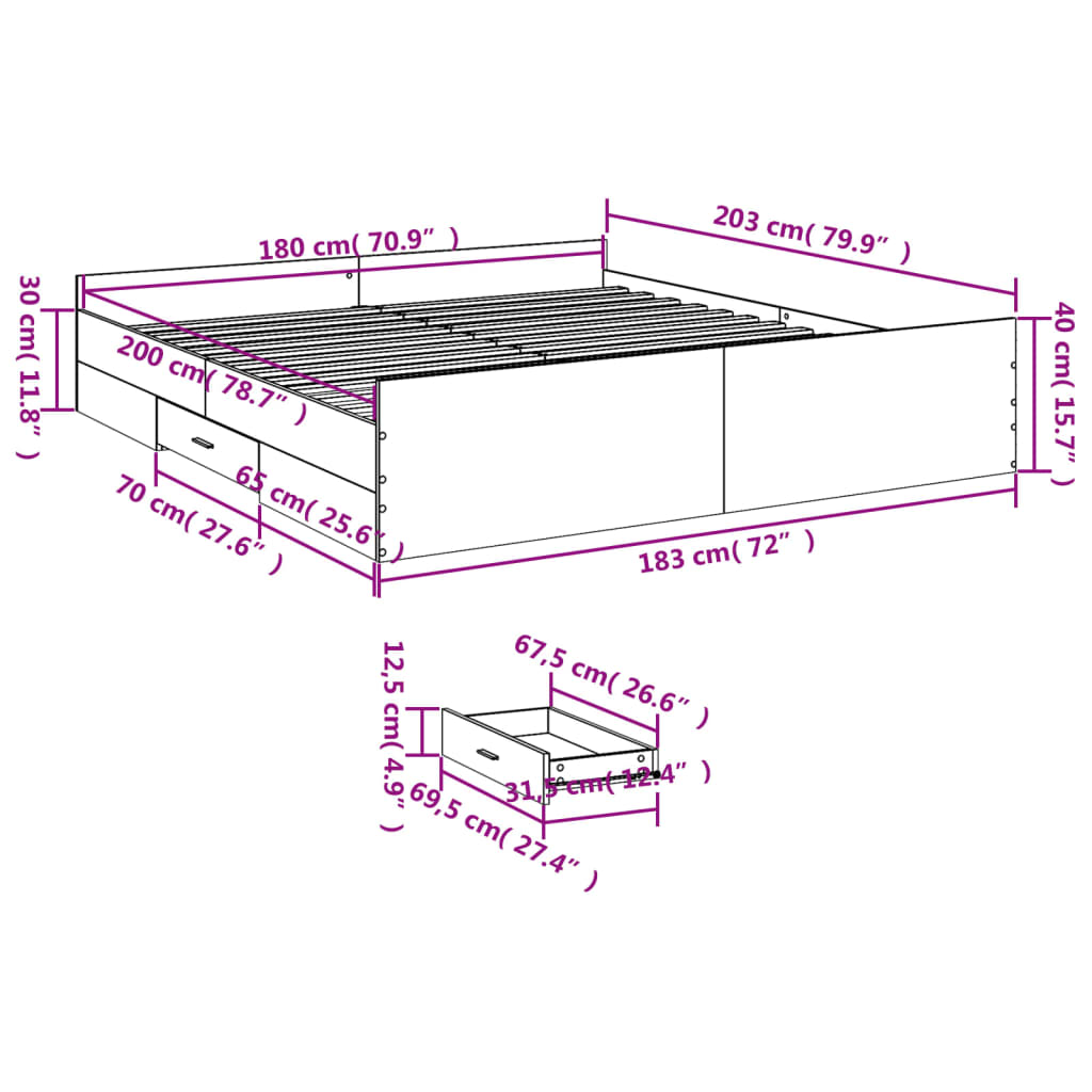 vidaXL sengeramme med skuffer 180x200 cm konstrueret træ betongrå