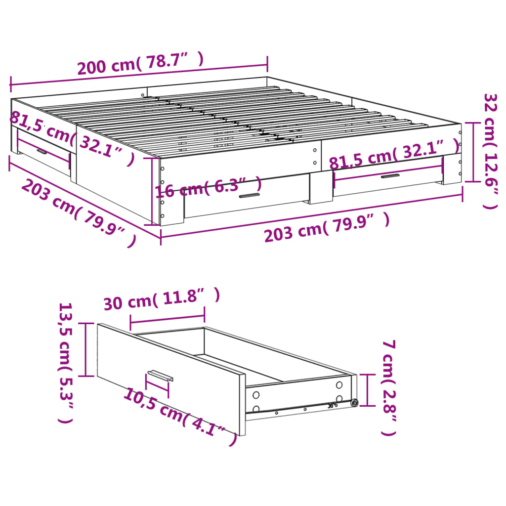 vidaXL sengeramme med skuffer 200x200 cm konstrueret træ røget eg