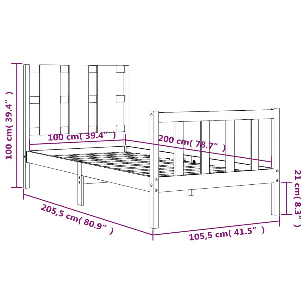 vidaXL sengeramme med sengegavl 100x200 cm massivt træ sort