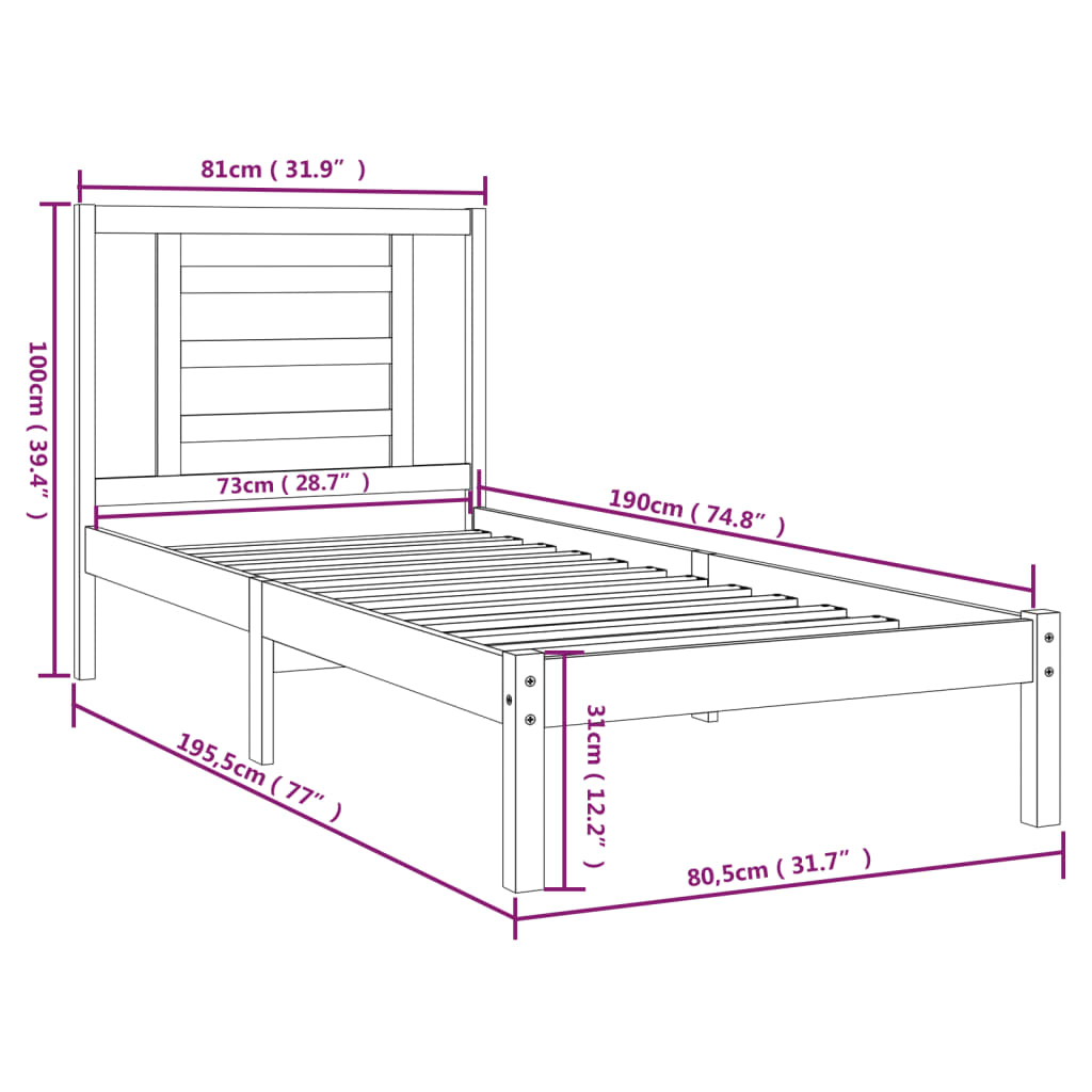 vidaXL sengeramme 75x190 cm Small Single massivt træ hvid