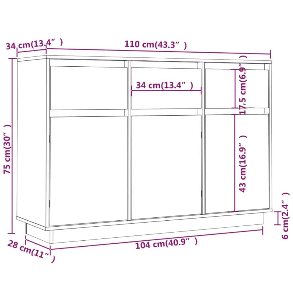 vidaXL skænk 110x34x75 cm massivt fyrretræ