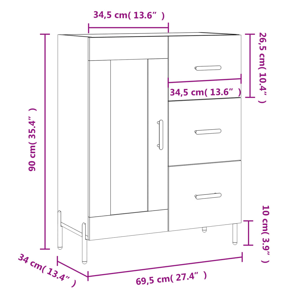 vidaXL skænk 69,5x34x90 cm konstrueret træ grå sonoma-eg