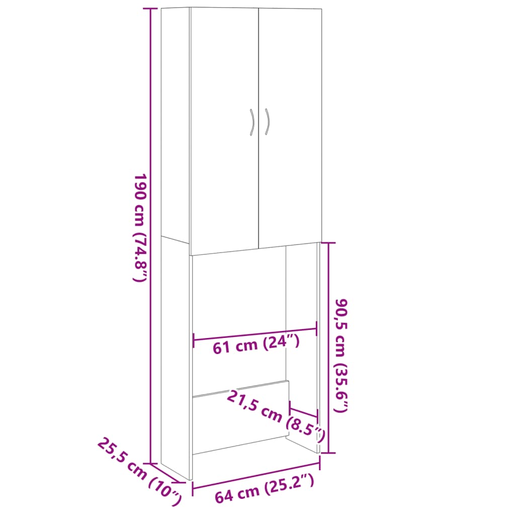 vidaXL vaskemaskineskab 64x25,5x190 cm sonoma-eg