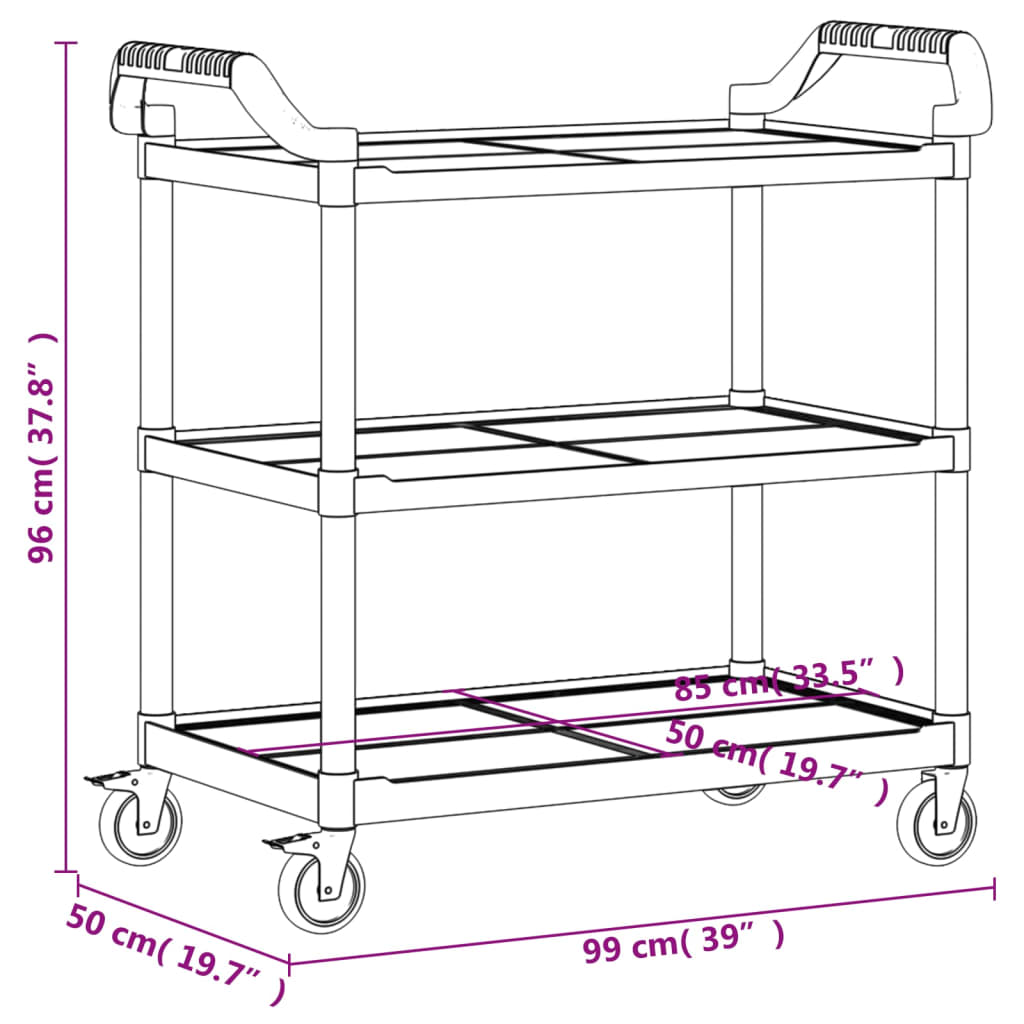 vidaXL vogn med 3 hylder 99x50x96 cm aluminium grå