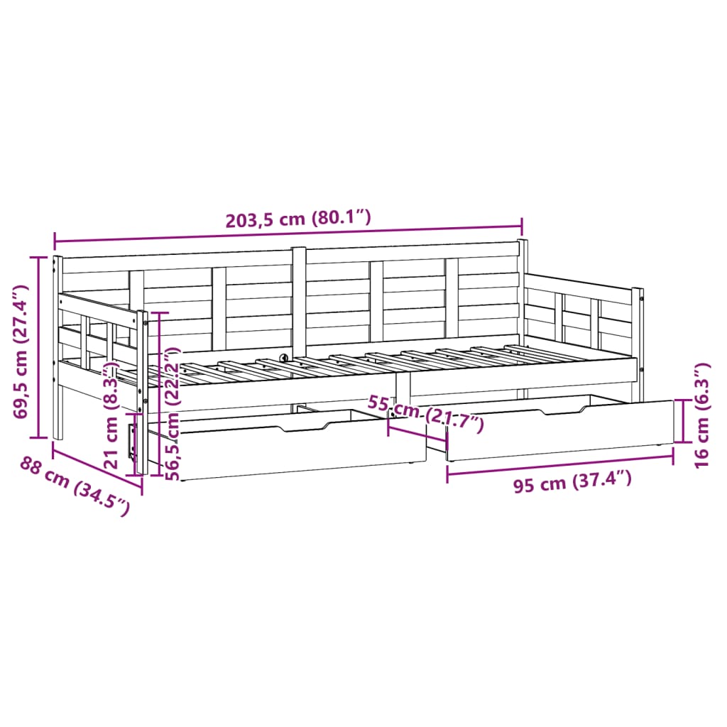 vidaXL daybed med skuffer 80x200 cm massivt fyrretræ hvid