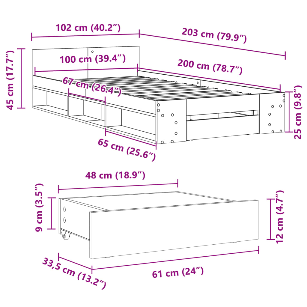 vidaXL sengeramme med skuffe 100x200 cm konstrueret træ grå sonoma-eg