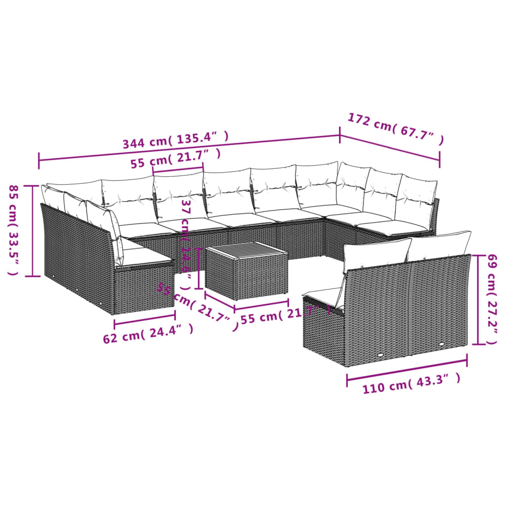 vidaXL sofasæt til haven 13 dele med hynder polyrattan beige