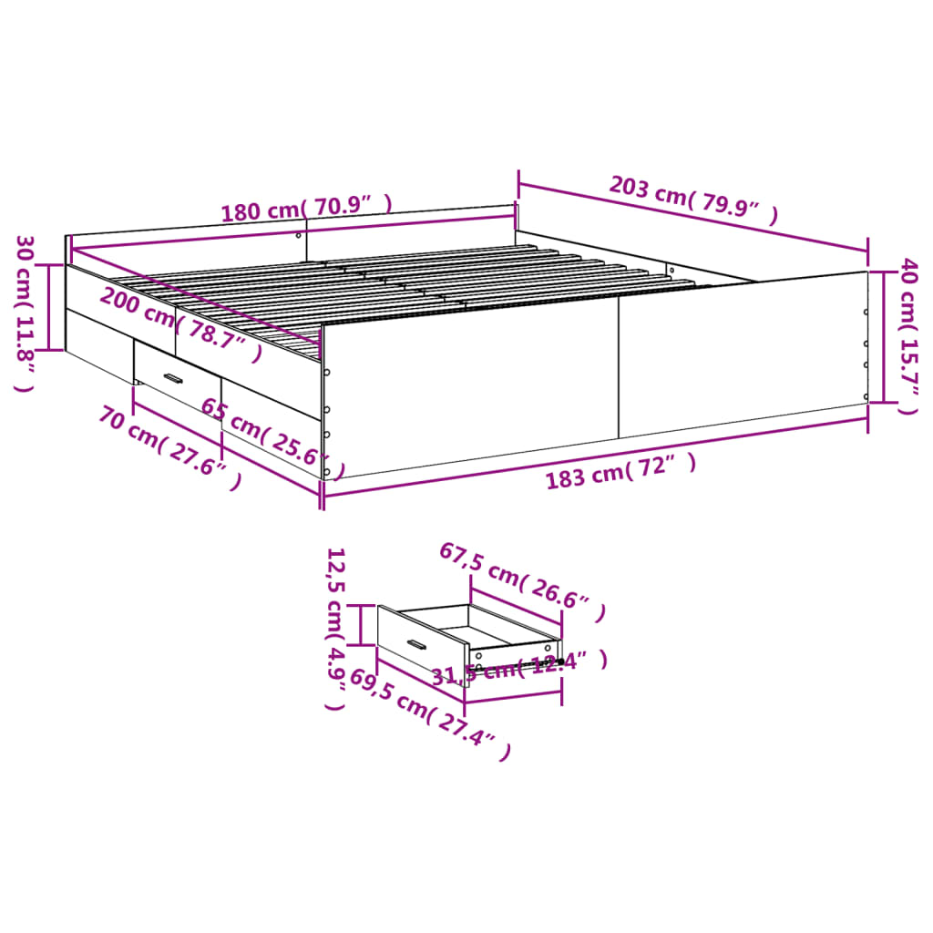 vidaXL sengeramme med skuffer 180x200 cm konstrueret træ sonoma-eg