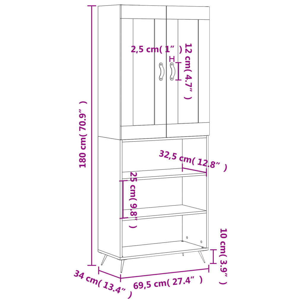 vidaXL højskab 69,5x34x180 cm konstrueret træ røget egetræsfarve