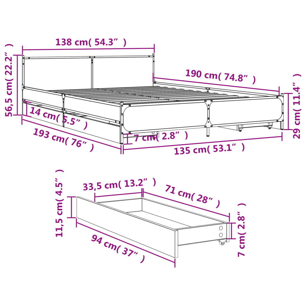 vidaXL sengeramme med skuffer 135x190 cm konstrueret træ sort