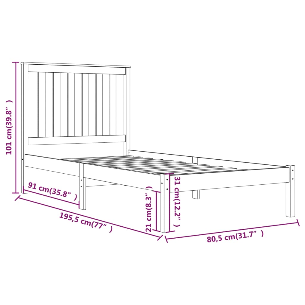 vidaXL sengeramme 75x190 cm Small Single massivt fyrretræ sort