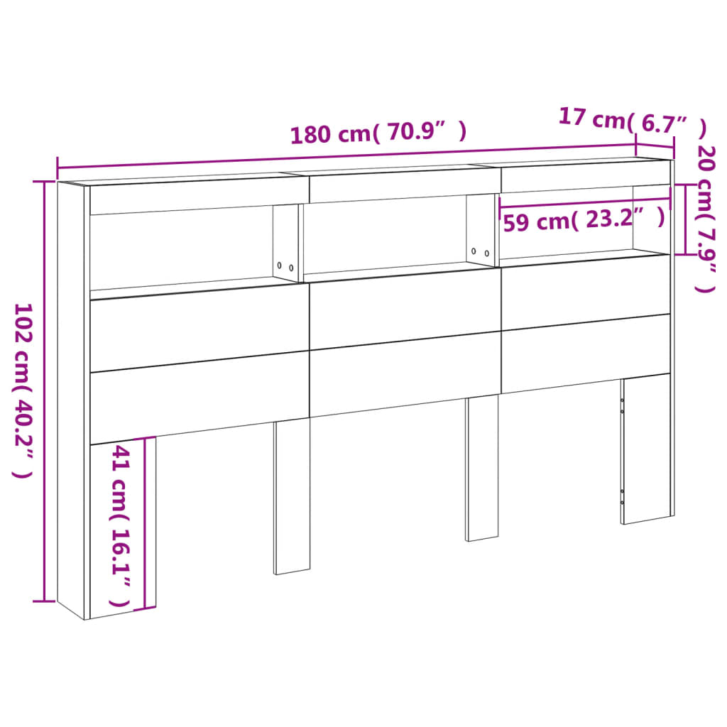 vidaXL sengegavl med opbevaring og LED-lys 180x17x102 cm betongrå