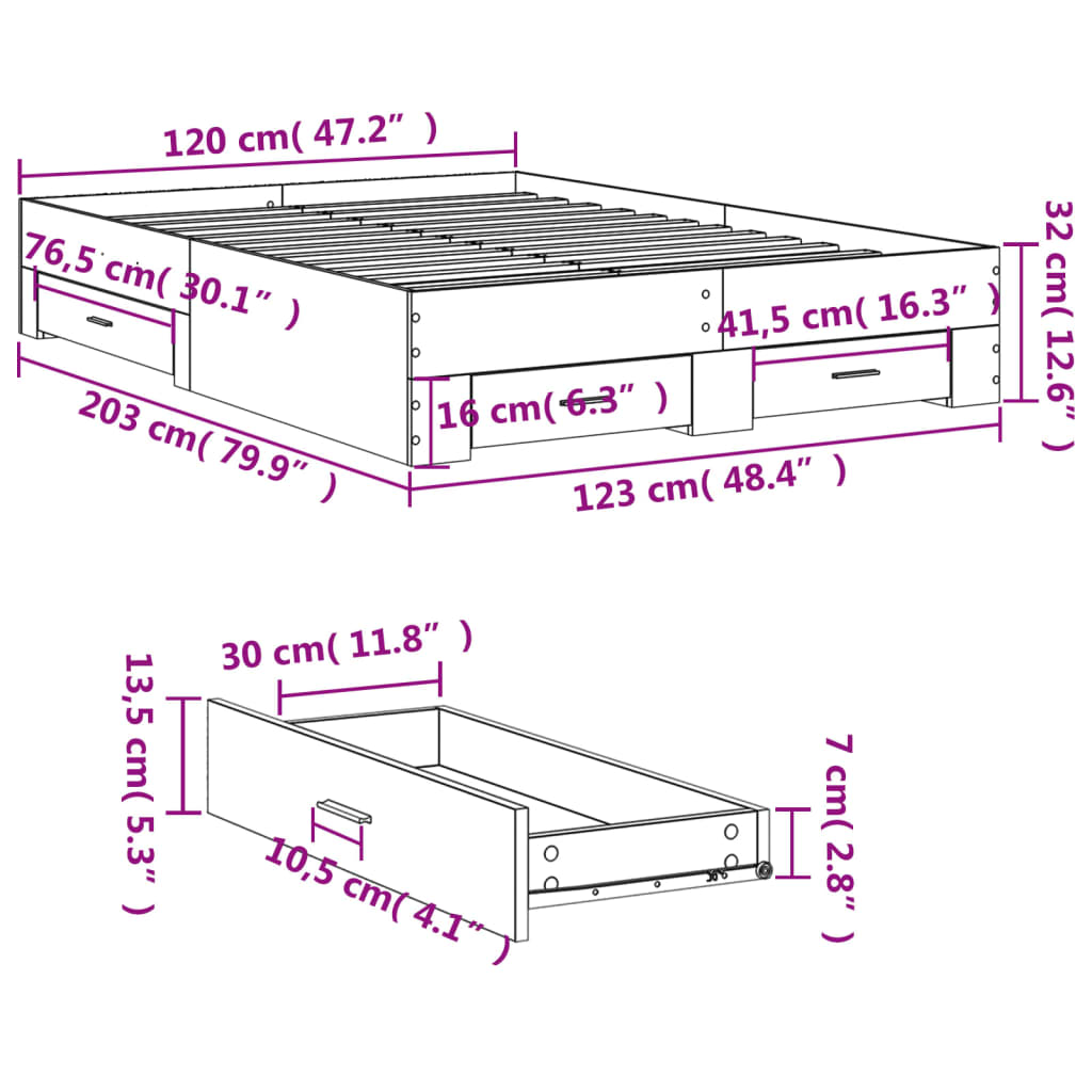 vidaXL sengeramme med skuffer 120x200 cm konstrueret træ grå sonoma-eg