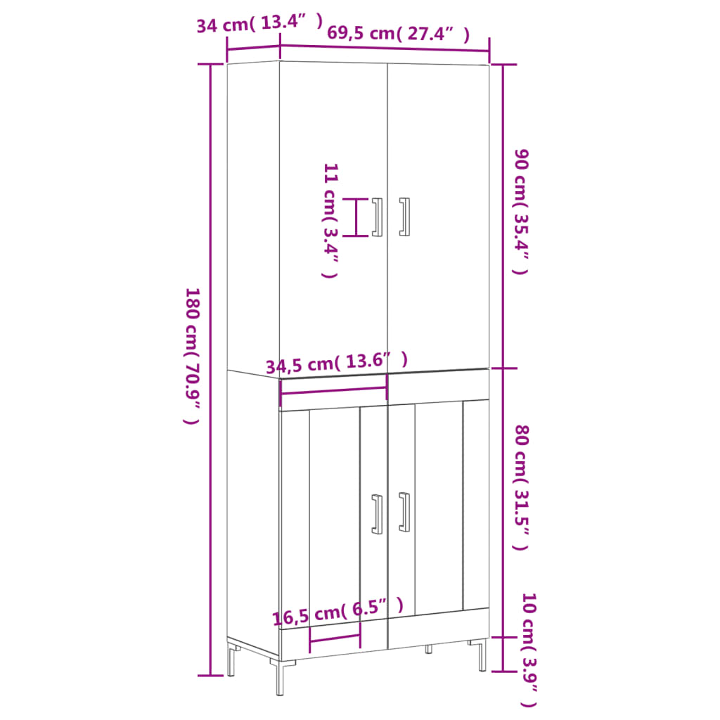 vidaXL højskab 69,5x34x180 cm konstrueret træ brun egetræsfarve