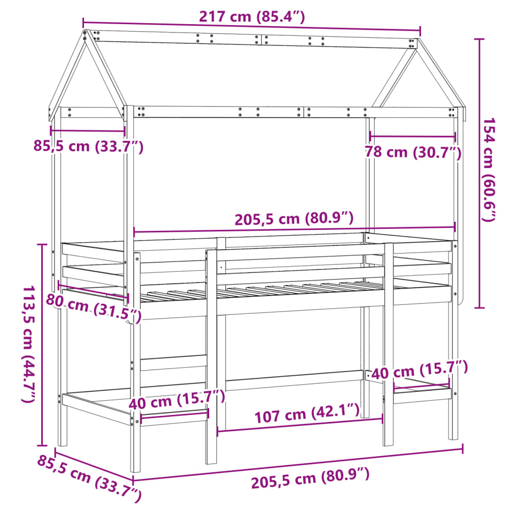 vidaXL højseng med stige og tag 80x200 cm massivt fyrretræ