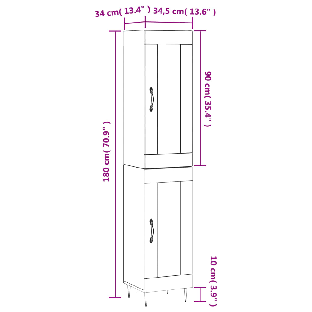 vidaXL højskab 34,5x34x180 cm konstrueret træ grå sonoma-eg