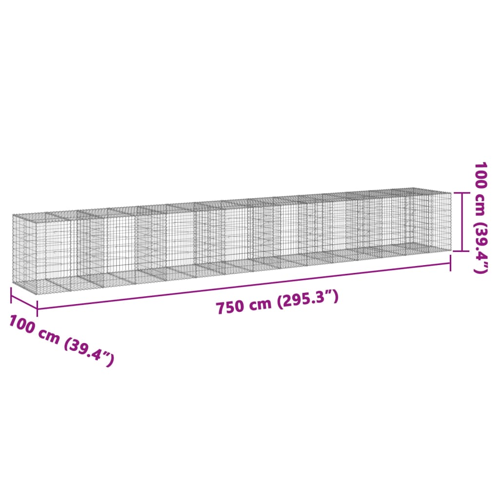 vidaXL gabionkurv med cover 750x100x100 cm galvaniseret jern