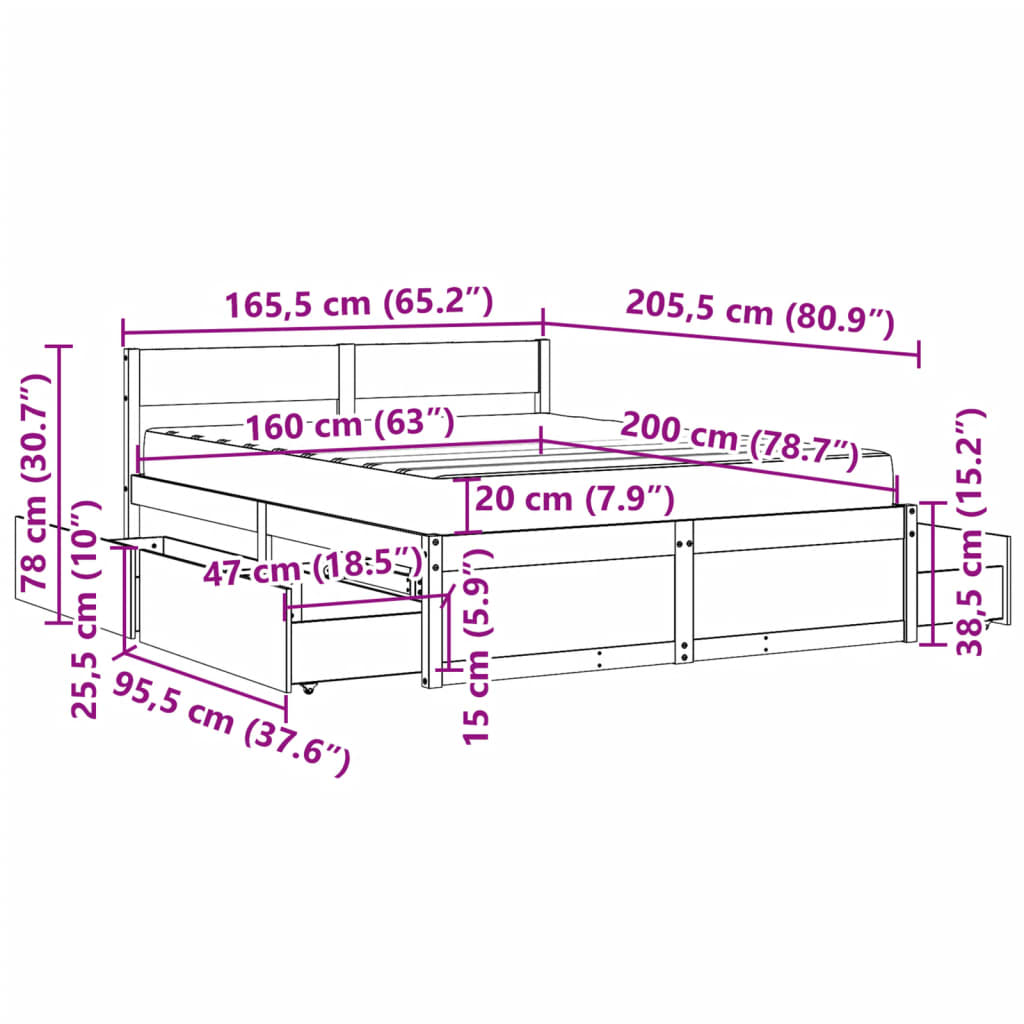 vidaXL seng med skuffer og madras 160x200 cm massivt fyrretræ hvid