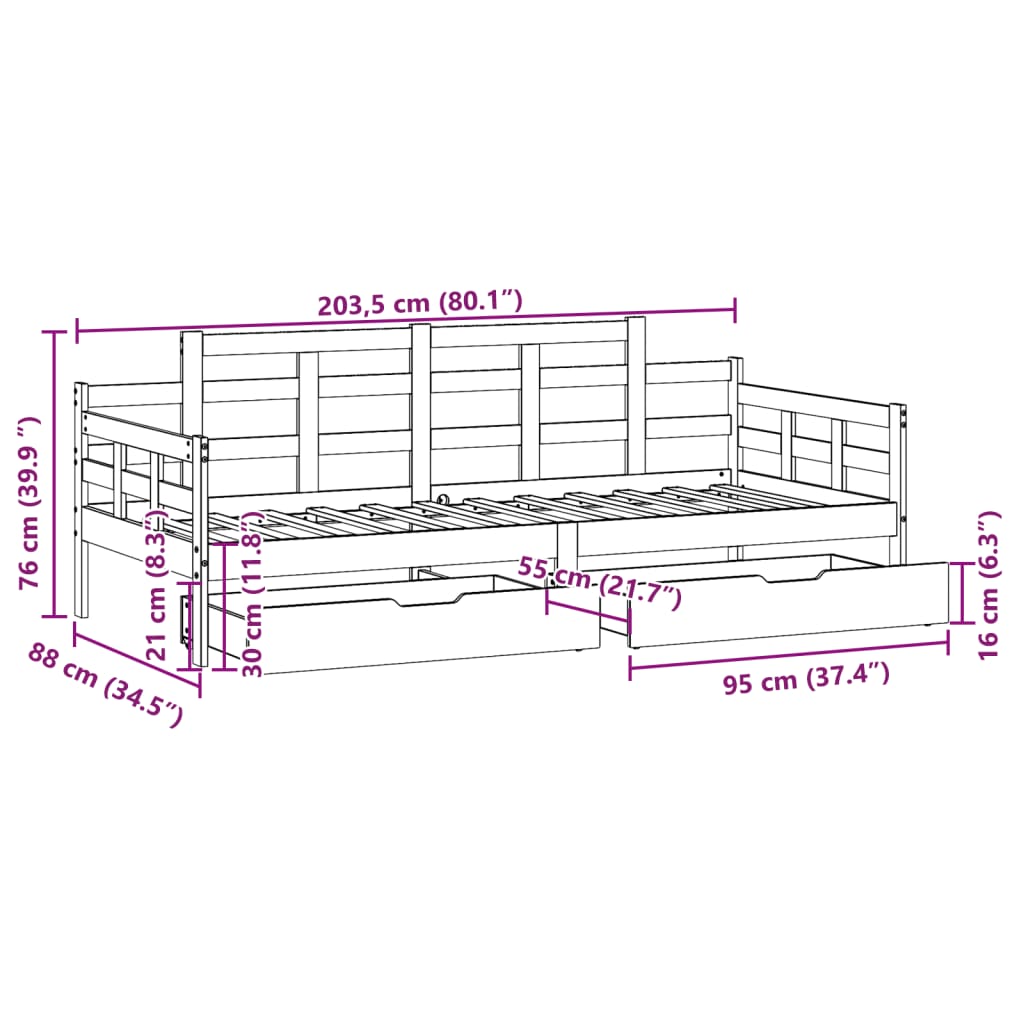 vidaXL daybed med skuffer 80x200 cm massivt fyrretræ