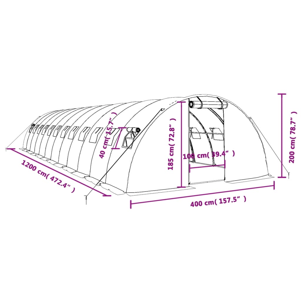 vidaXL drivhus med stålstel 48 m² 12x4x2 m hvid