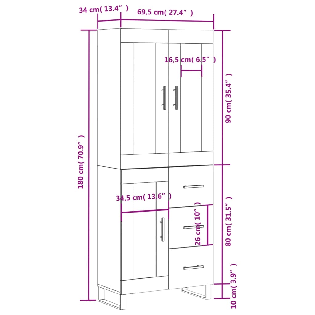 vidaXL højskab 69,5x34x180 cm konstrueret træ brun egetræsfarve