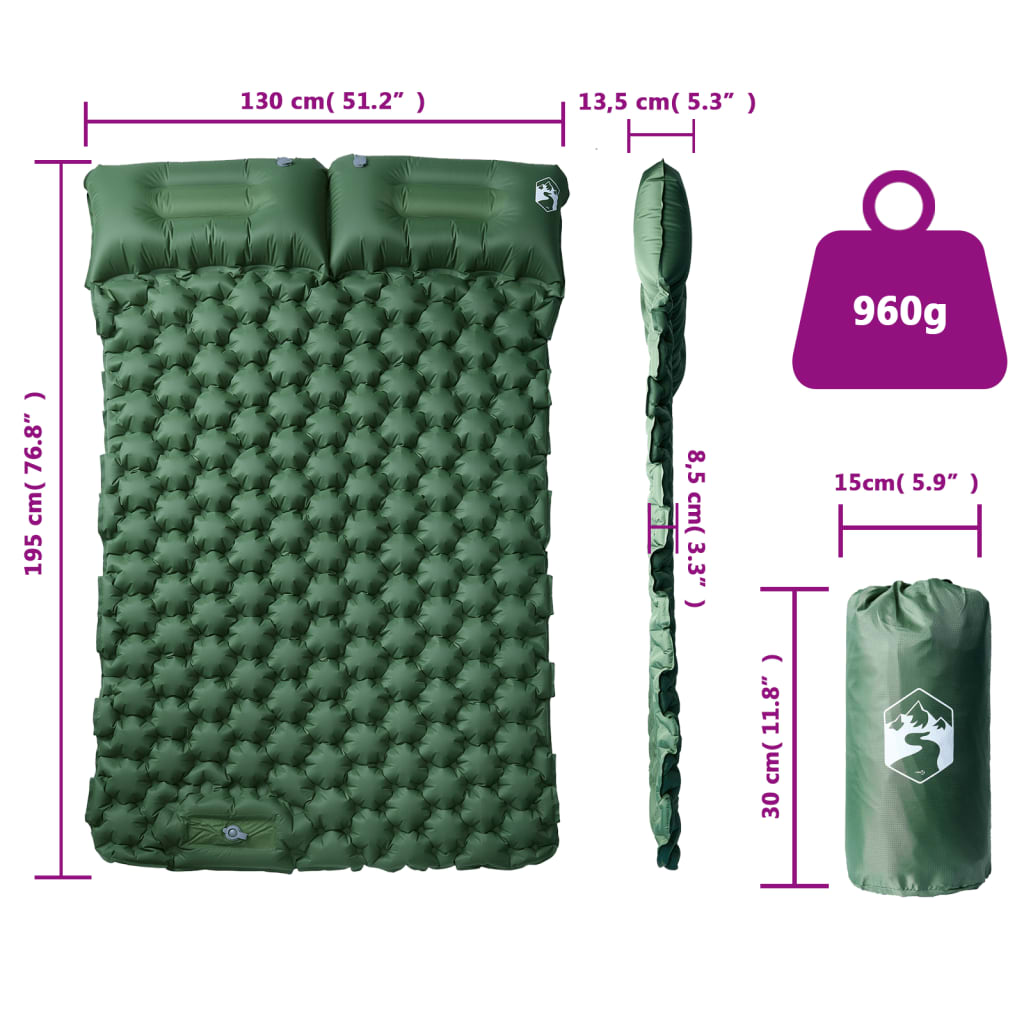 vidaXL 2-personers campingmadras med puder selvoppustelig grøn