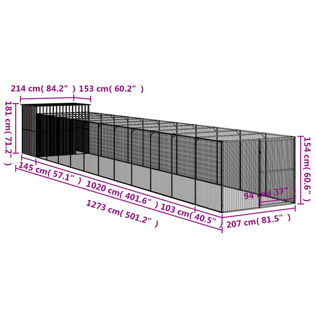 vidaXL hundehus med løbegård 214x1273x181 cm galvaniseret stål lysegrå