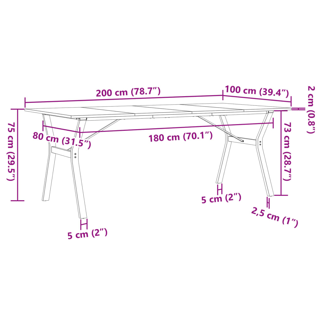 vidaXL spisebord 200x100x75 cm Y-stel massivt fyrretræ og støbejern