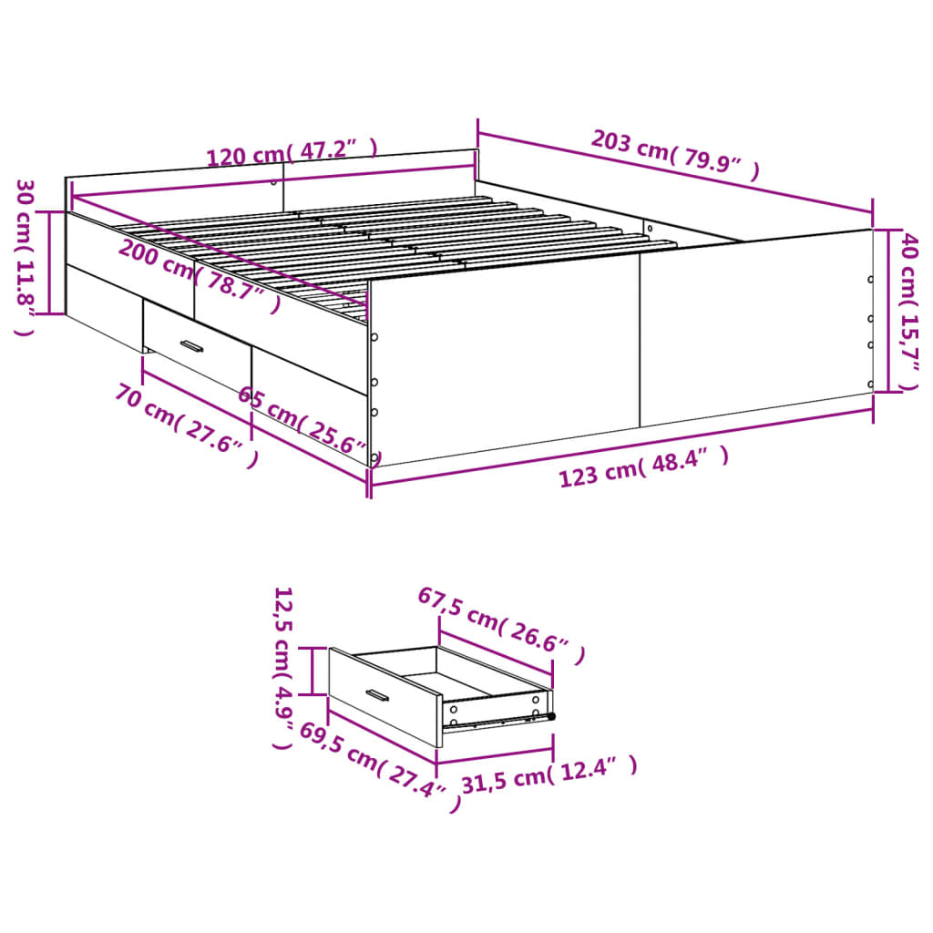 vidaXL sengeramme med skuffer 120x200 cm konstrueret træ brunt egetræ