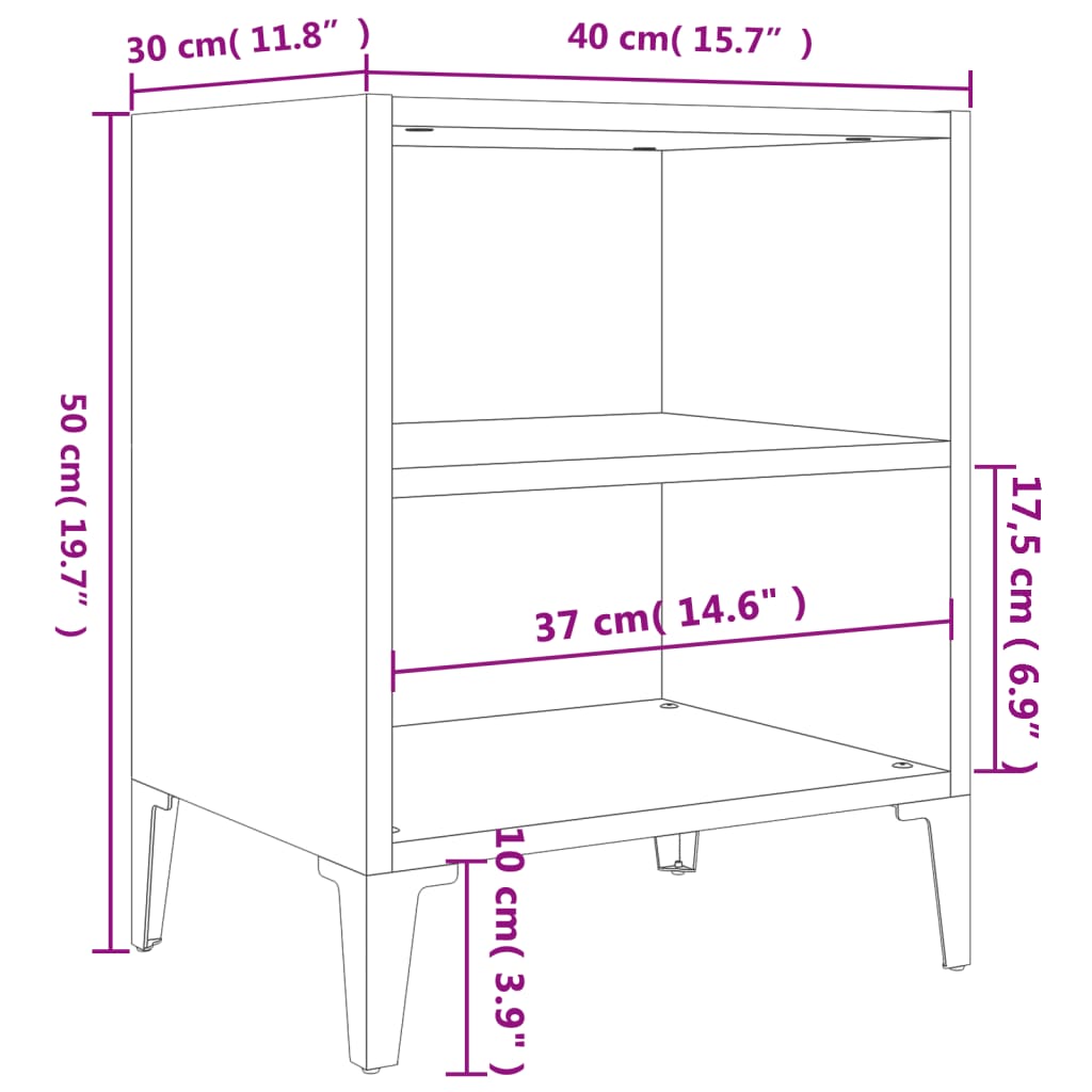 vidaXL sengeborde 2 stk. med metalben 40x30x50 cm grå