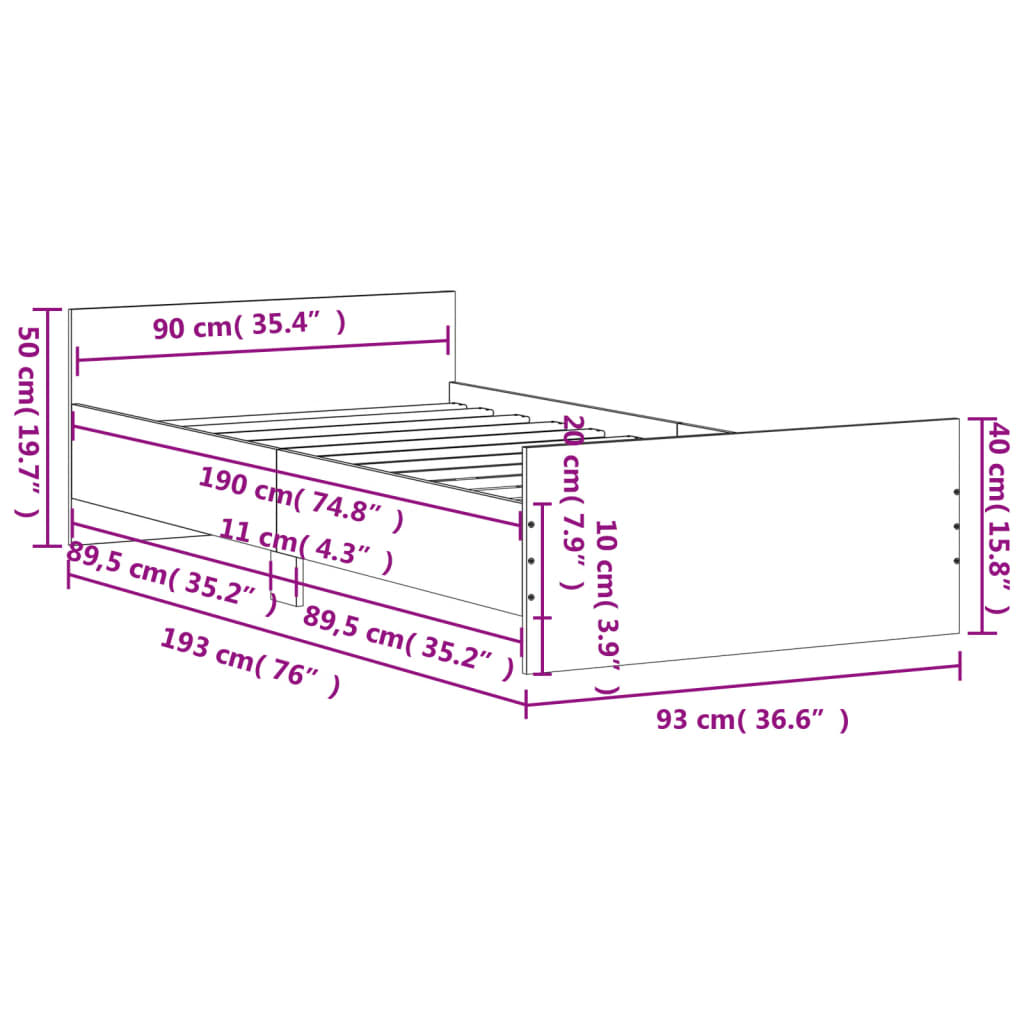 vidaXL sengeramme 90x190 cm konstrueret træ grå sonoma-eg