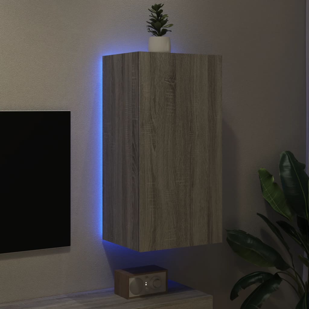 vidaXL væghængt tv-bord med LED-lys 40,5x35x80 cm grå sonoma-eg