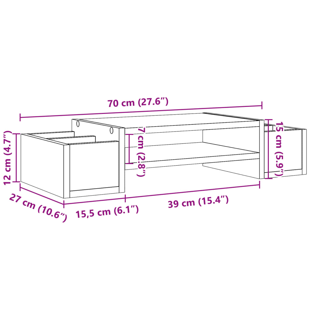 vidaXL skærmholder med opbevaring 70x27x15 cm konstrueret træ brun eg