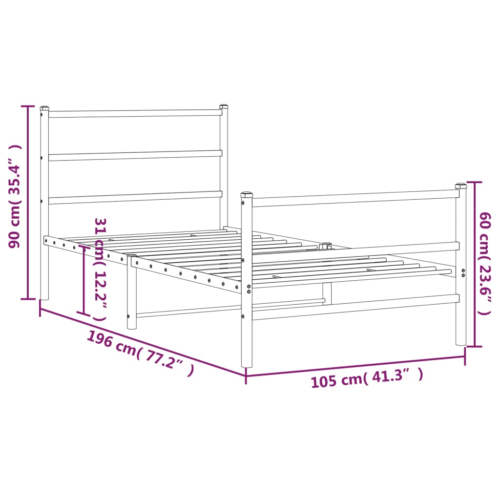 vidaXL sengeramme med sengegavl og fodgærde 100x190 cm metal sort