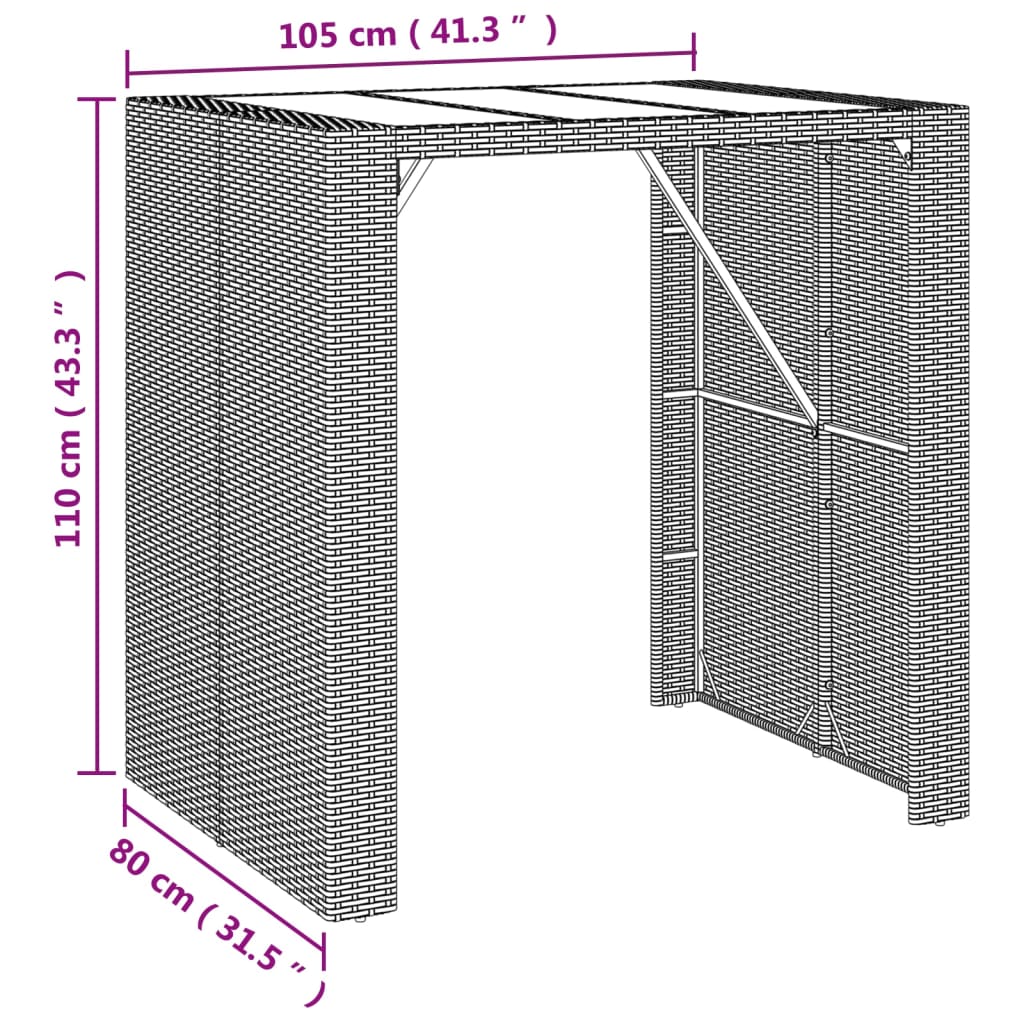 vidaXL barbord med glasplade 105x80x110 cm polyrattan brun