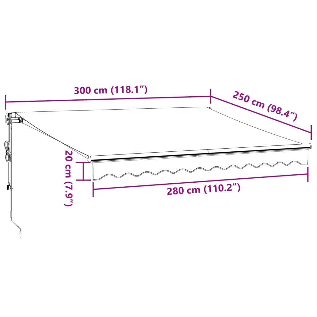 vidaXL markise med LED-lys 300x250 cm automatisk betjening bordeaux