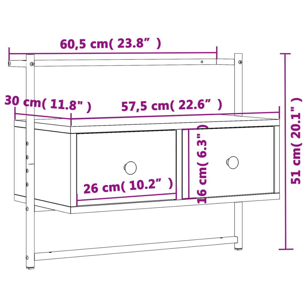 vidaXL væghængt tv-bord 60,5x30x51 cm konstrueret træ grå sonoma-eg