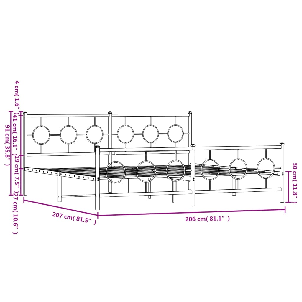 vidaXL sengeramme med sengegavl og fodgærde 200x200 cm metal sort