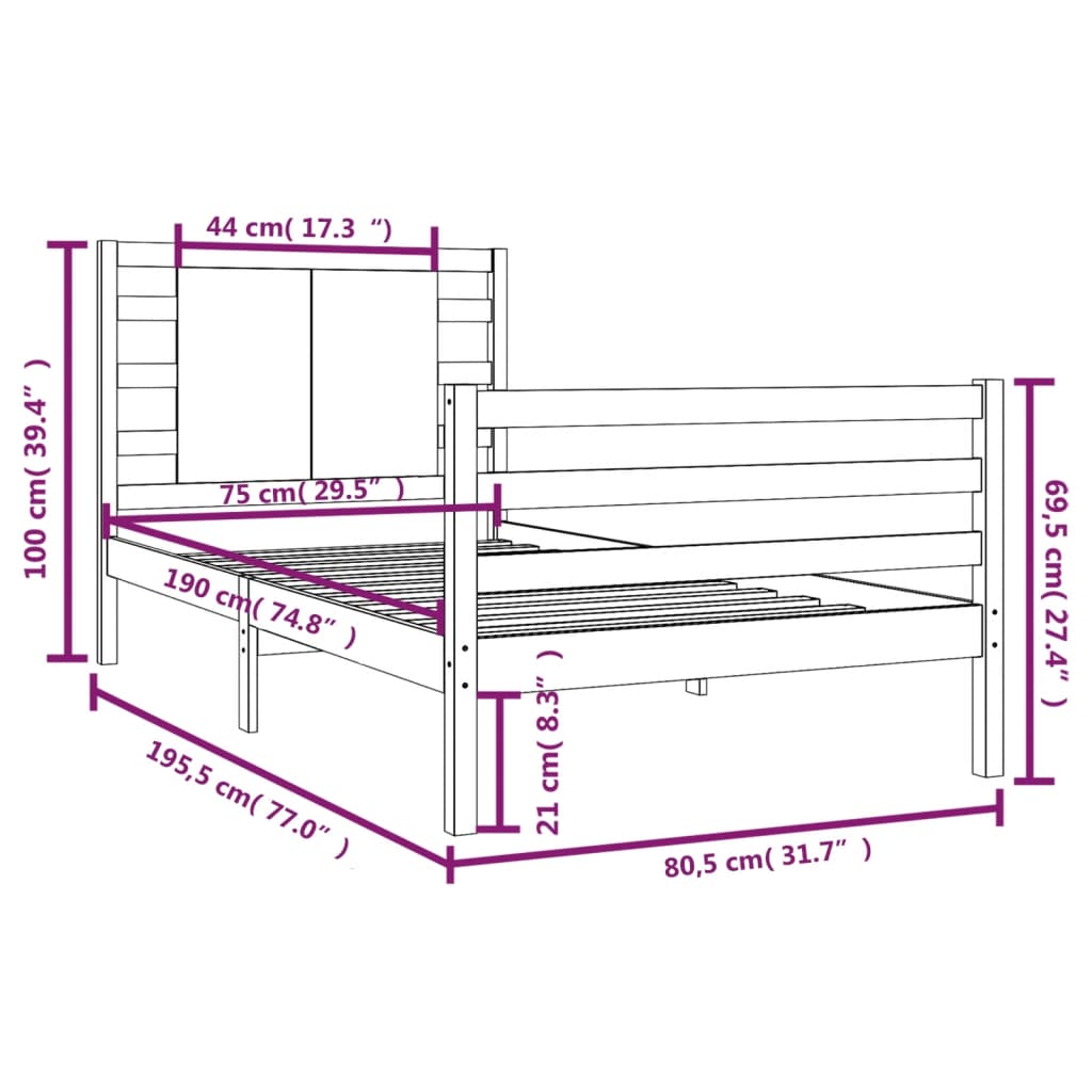 vidaXL sengeramme 75x190 cm massivt fyrretræ