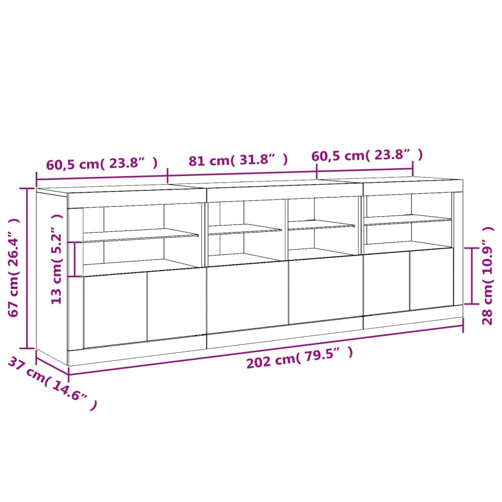 vidaXL skænk med LED-lys 202x37x67 cm hvid