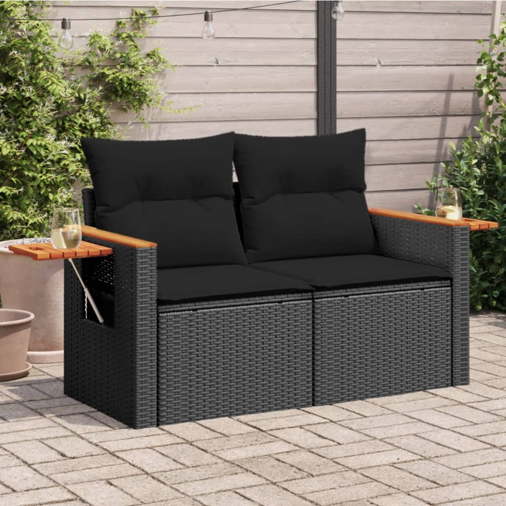 vidaXL 2-personers havesofa med hynder polyrattan sort