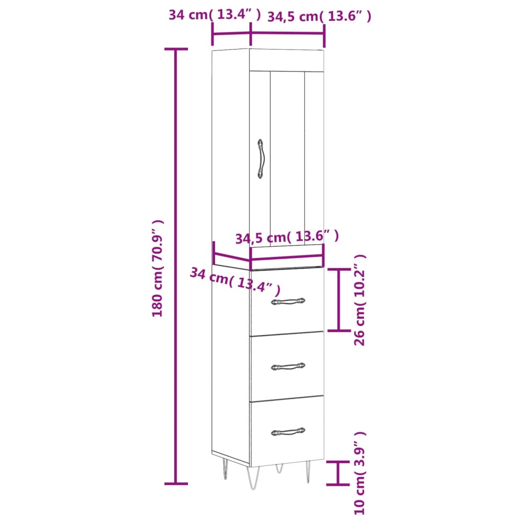 vidaXL skab 34,5x34x180 cm konstrueret træ sort