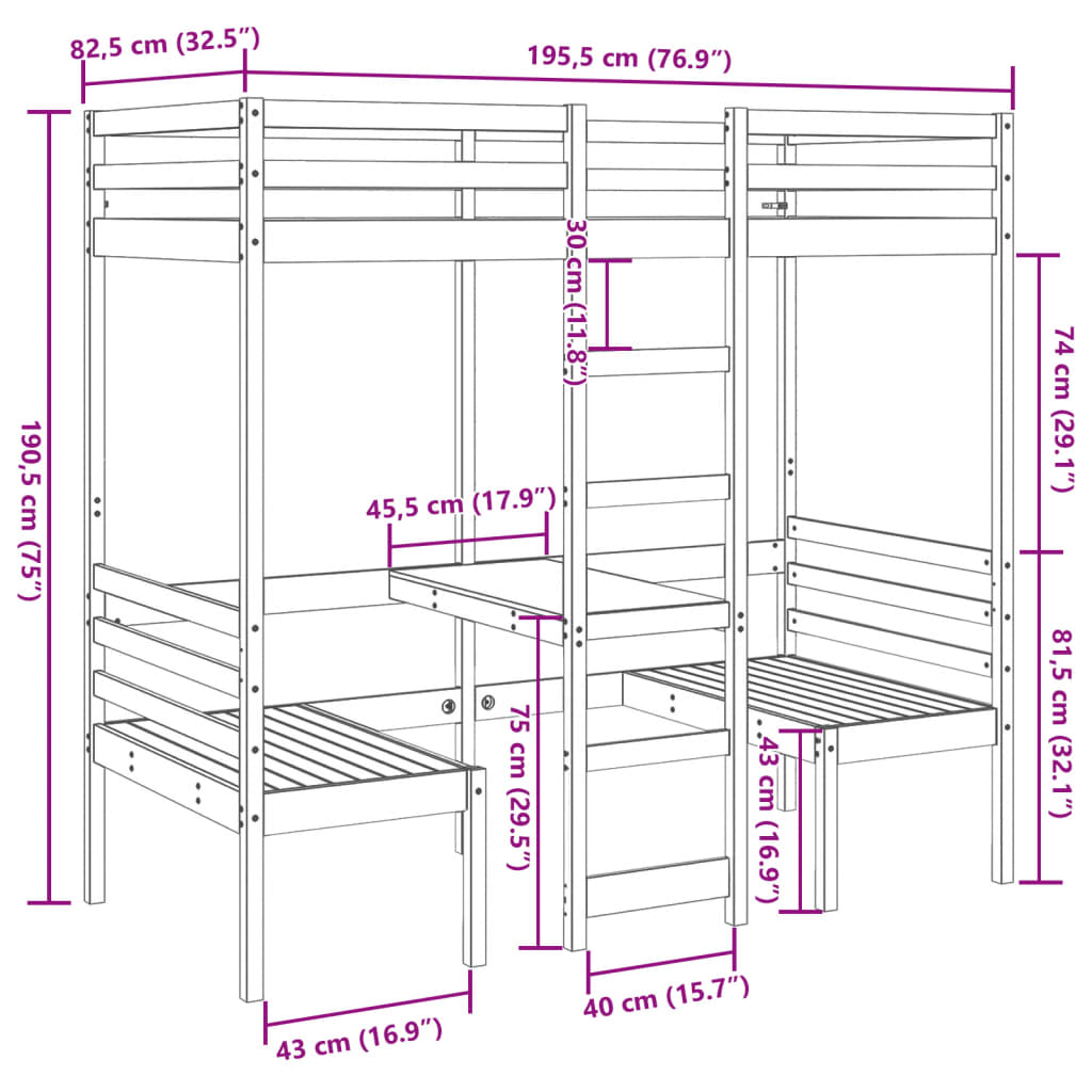 vidaXL højseng med skrivebord og stole 75x190 cm massivt fyrretræ hvid